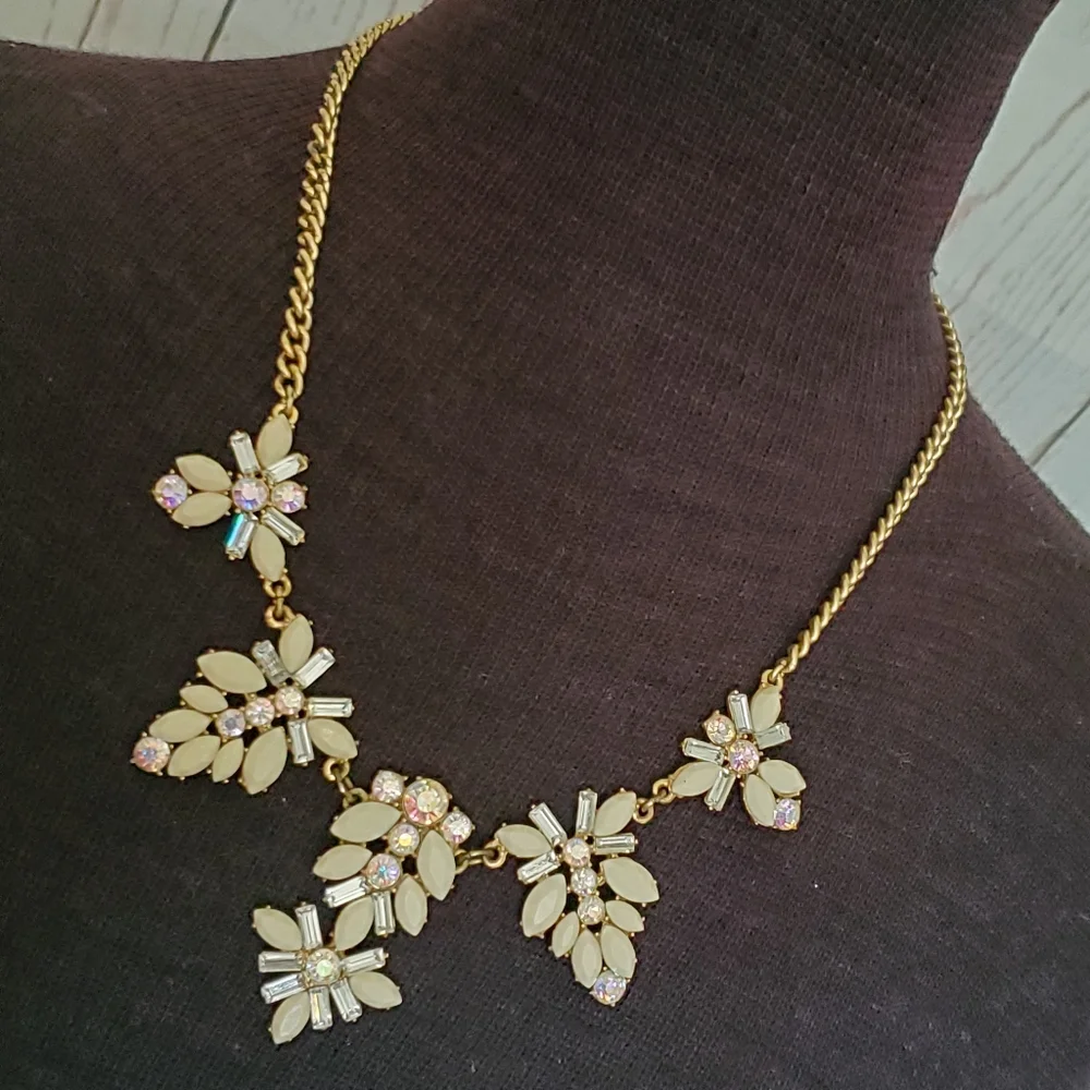 J. Crew brasstone statement necklace with cream marquis stones and ab stones